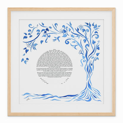 Blue Harmony Tree Ketubah by Suri Michaeli – Hand-painted design with a blue tree, Jewish stars, pomegranates, and hearts.