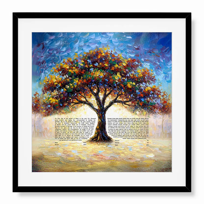 Modern Tree of Life Ketubah; colorful Impressionist Jewish wedding contract with symbolic roots and golden blessing light. 
