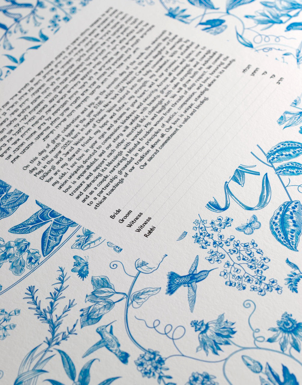 Ahava (Love) Blue Bird Ketubah detail showing blue bird and botanical floral illustration surrounding the Jewish marriage contract.