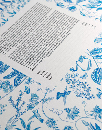 Ahava (Love) Blue Bird Ketubah detail showing blue bird and botanical floral illustration surrounding the Jewish marriage contract.