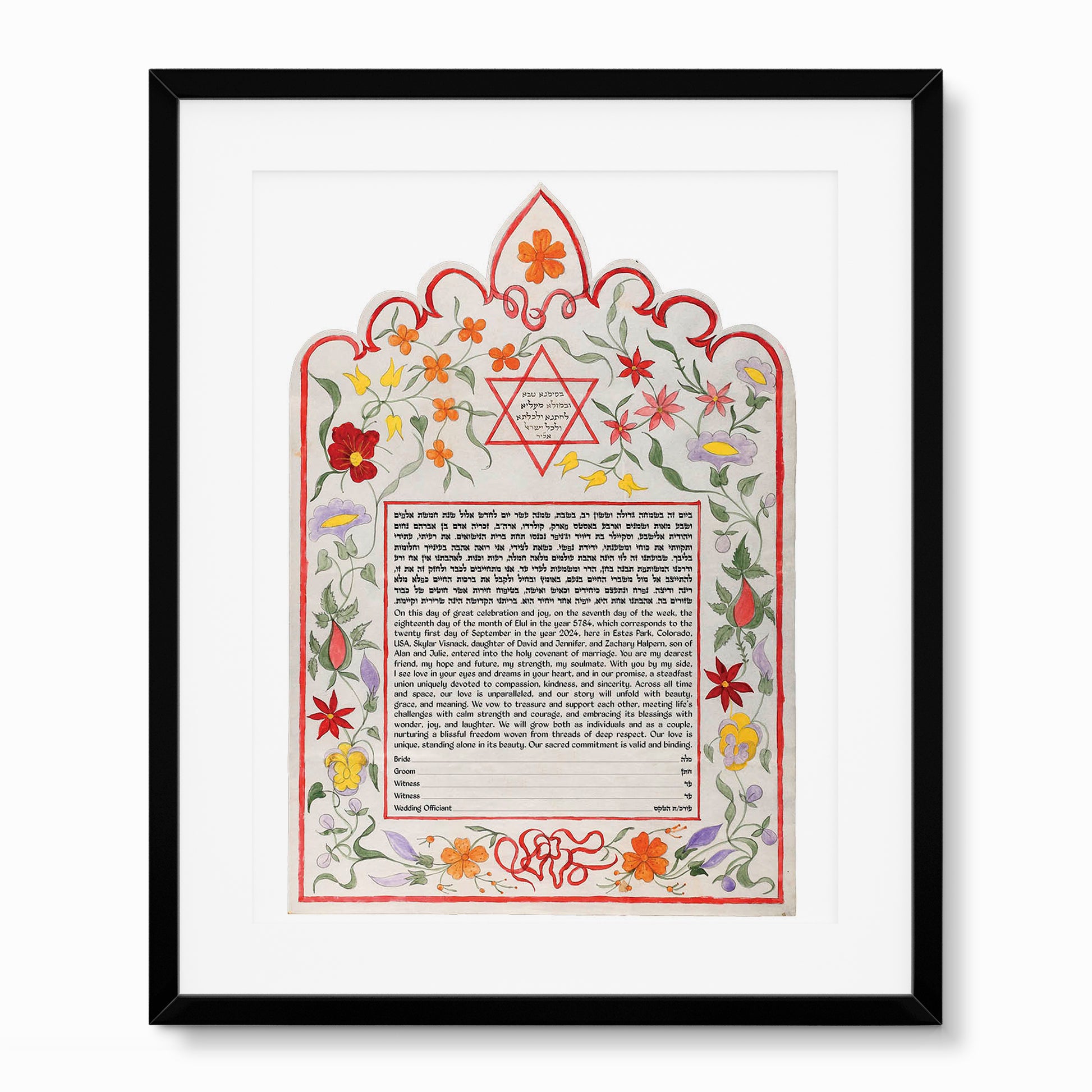 1906 Ancona Italy Ketubah reproduction featuring a central Star of David and intricate floral vine motifs, sourced from The National Library of Israel.