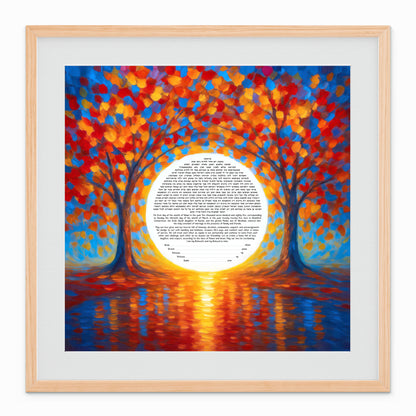 Autumn Sunset Tree Ketubah watercolor artwork with vibrant fall colors