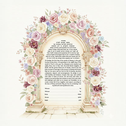 Floral Arch Ketubah with pastel watercolor flowers forming an elegant arch, symbolizing love and tradition