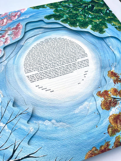 Angled view of the Four Seasons Tree Papercut Ketubah showing the four layered paper cutouts, seasonal trees, and personalized ketubah text in the center.