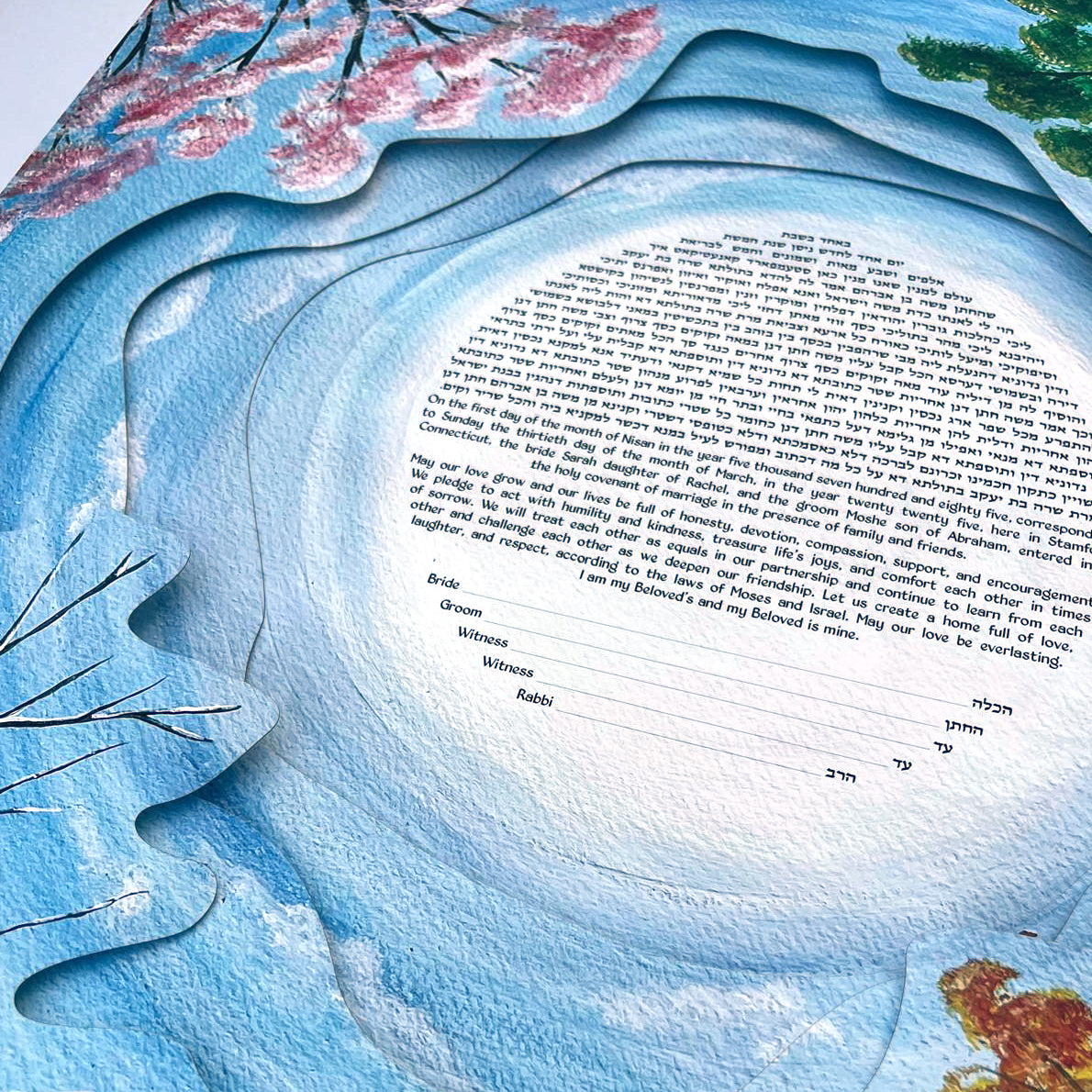 Close-up of the Four Seasons Tree Papercut Ketubah showing four layered paper cutouts, soft shadows, and personalized Hebrew and English ketubah text.