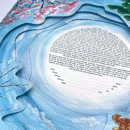 Close-up of the Four Seasons Tree Papercut Ketubah showing four layered paper cutouts, soft shadows, and personalized Hebrew and English ketubah text.