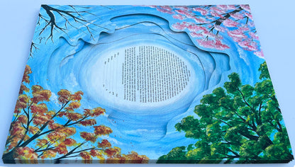 Four Seasons Tree Papercut Ketubah shown from a low angle, highlighting the four layered paper cutouts and three-dimensional depth around the ketubah text.