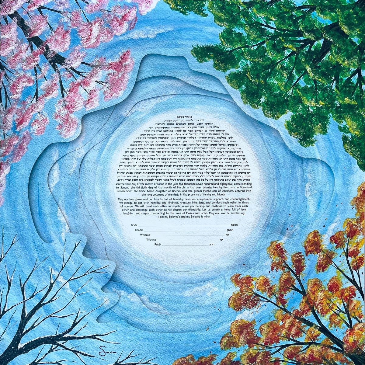 Four Seasons Tree Papercut Ketubah with four layered paper cutouts, seasonal trees, blue sky, and personalized ketubah text in the center.