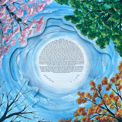 Four Seasons Tree Papercut Ketubah with four layered paper cutouts, seasonal trees, blue sky, and personalized ketubah text in the center.