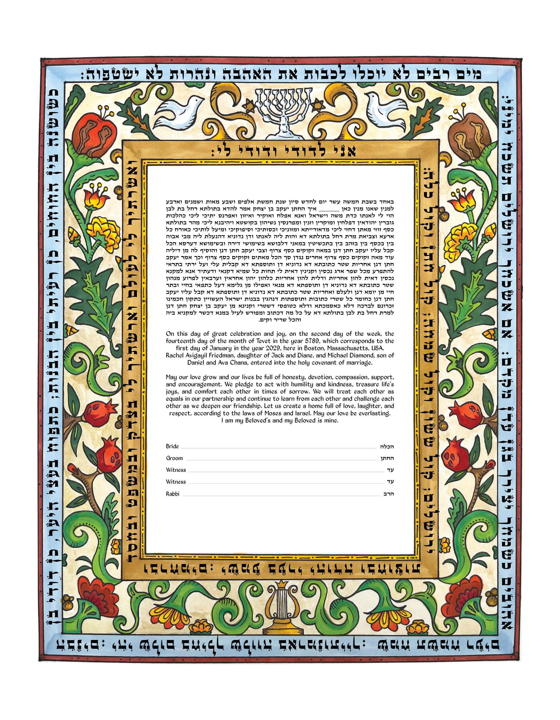 Italian Renaissance Ketubah with a modern twist on classic painted art.