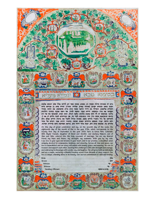Historic 1698 Livorno ketubah featuring Jerusalem art and symbols of the twelve tribes.
