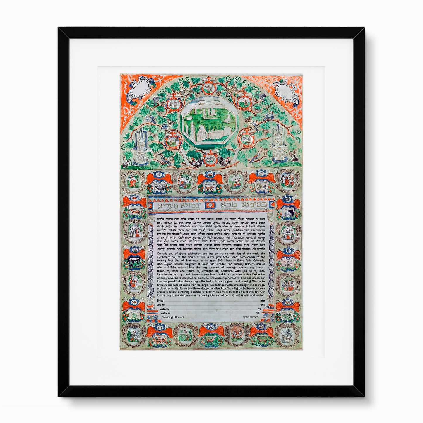 Vintage Italian Ketubah from Livorno (1698); historical Jewish wedding contract with astrological zodiac signs, tribal symbols, and Psalm 128 illustrations