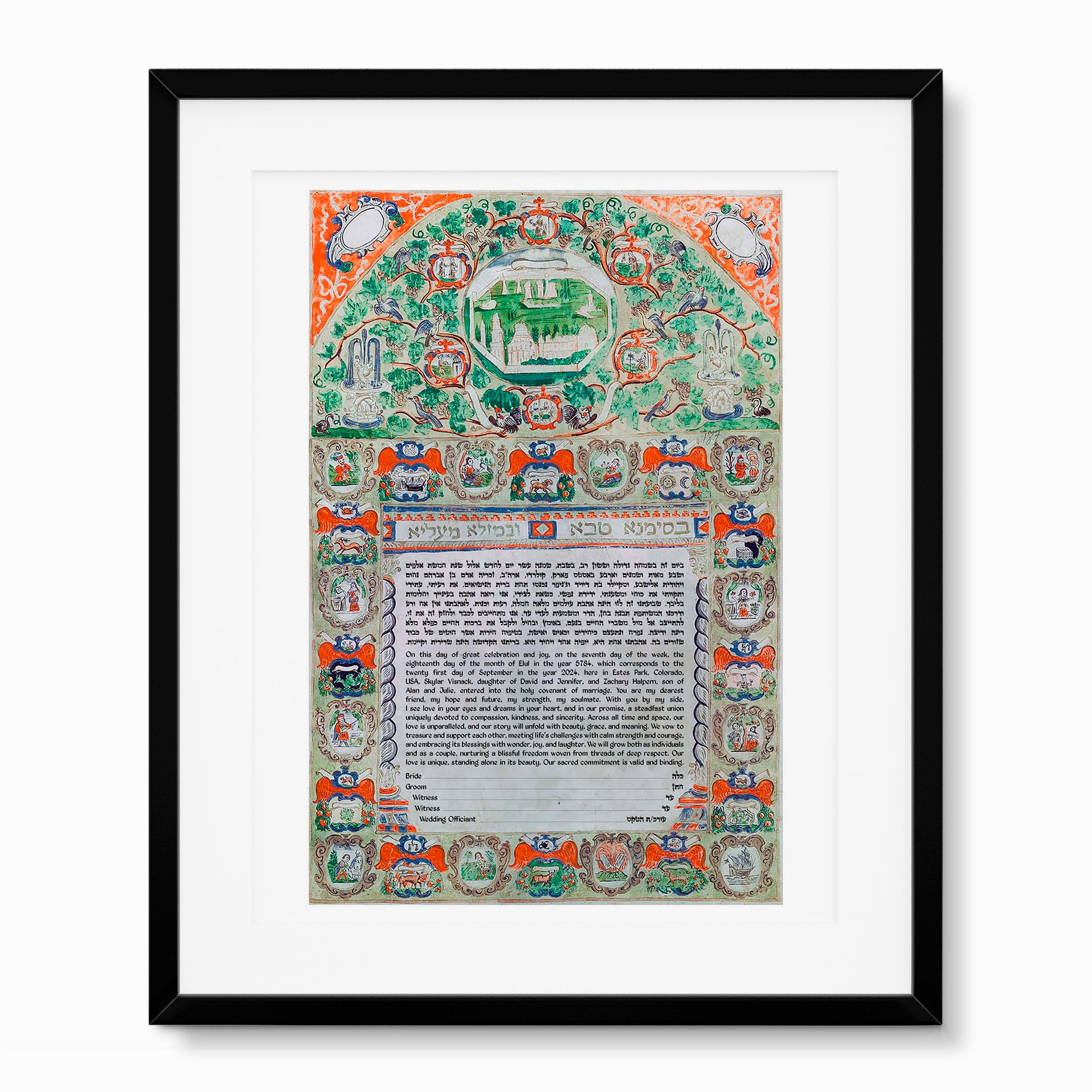 Vintage Italian Ketubah from Livorno (1698); historical Jewish wedding contract with astrological zodiac signs, tribal symbols, and Psalm 128 illustrations