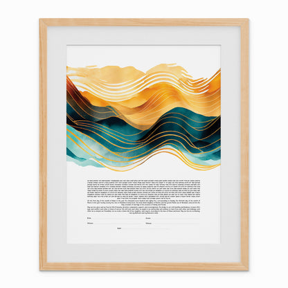 Modern Art Wave Ketubah with abstract ocean-inspired gold, yellow, and blue design symbolizing love, movement, and unity.