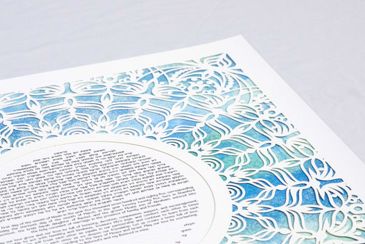 Blue and green side angle view of papercut lace ketubah