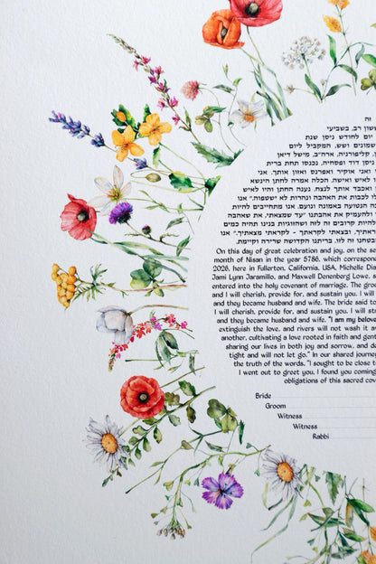 Spring Flowers Ketubah featuring delicate watercolor botanical flowers framing the personalized Jewish marriage contract.