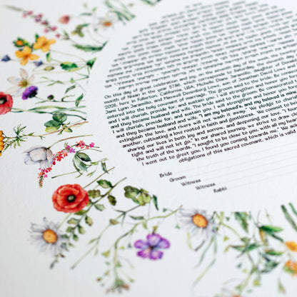 Spring Flowers Ketubah with watercolor wildflowers forming a floral arch around the Jewish marriage contract text.