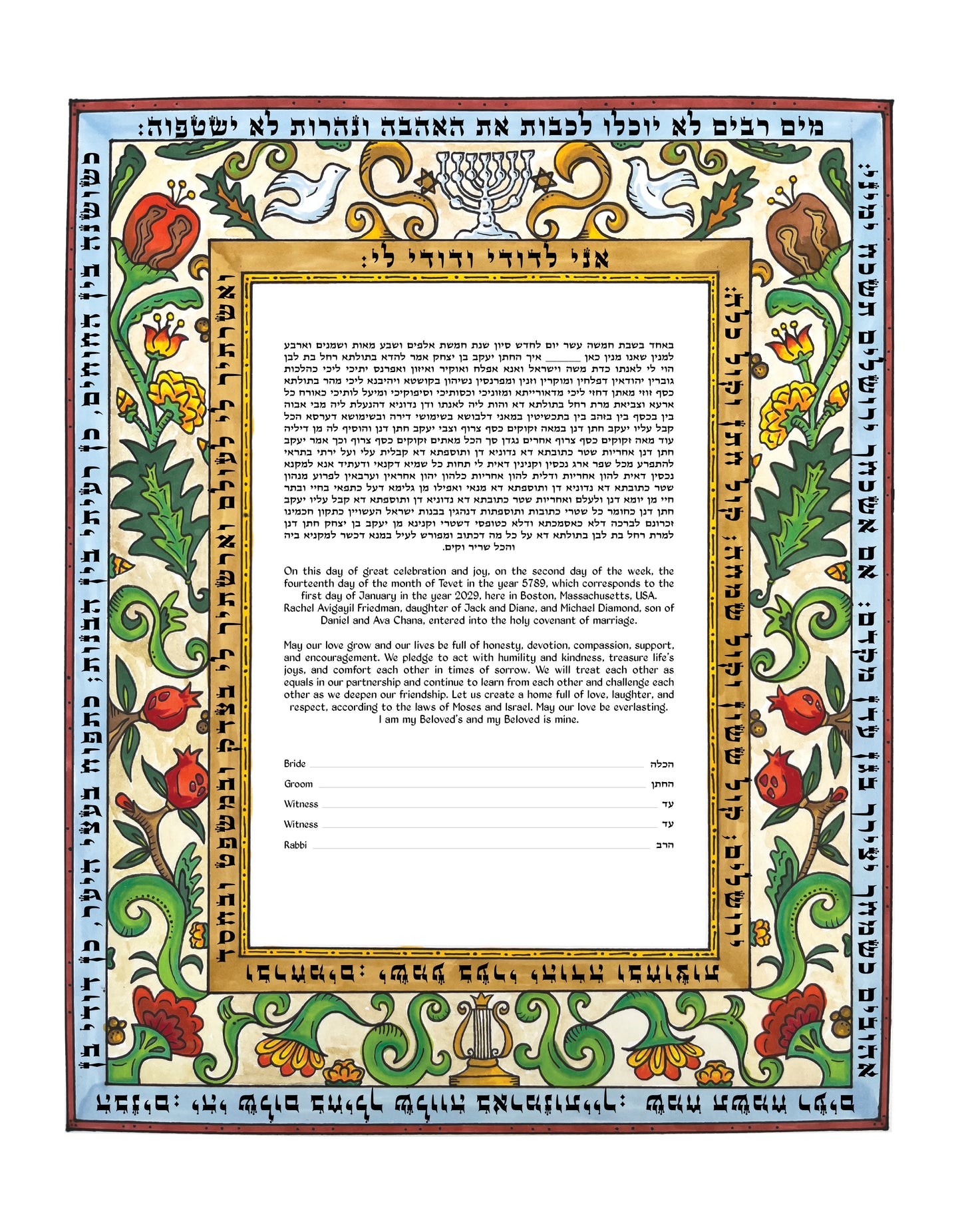 Italian Renaissance Ketubah with a modern twist on classic painted art.