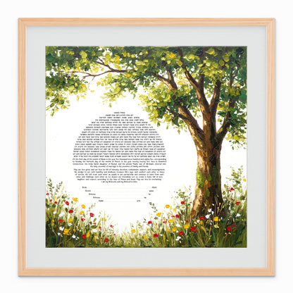 Tree of Life Garden Ketubah with lush green tree and colorful wildflowers — fine art Jewish wedding Ketuabh