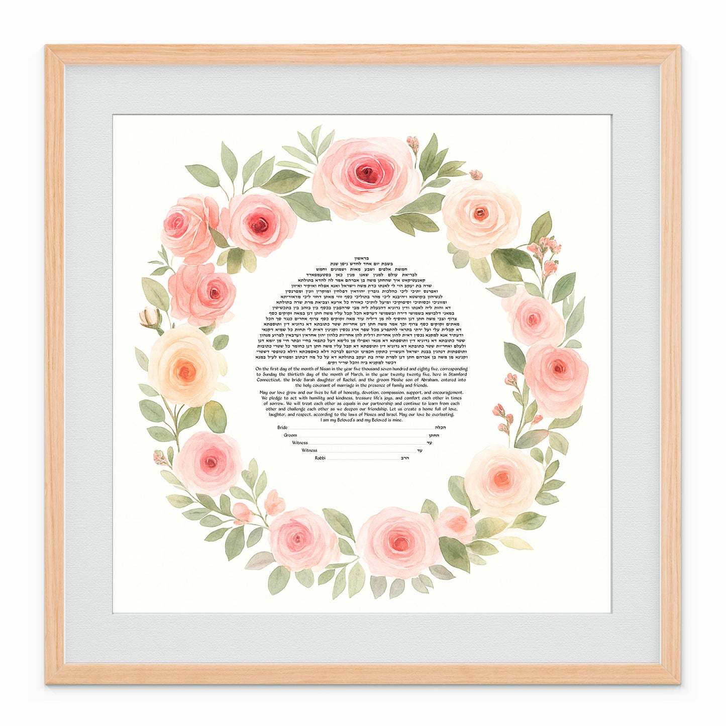 Watercolor Rose Floral Circle Ketubah with blush and sage roses forming a soft floral ring around the text.