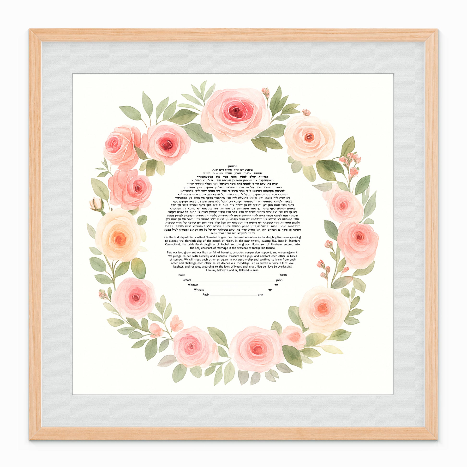 Watercolor Rose Floral Circle Ketubah with blush and sage roses forming a soft floral ring around the text.