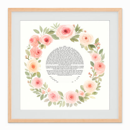 Watercolor Rose Floral Circle Ketubah with blush and sage roses forming a soft floral ring around the text.