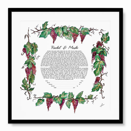 Watercolor Jewish wedding Ketubah featuring hand-painted purple grape clusters and green vines framing traditional Hebrew and English text.