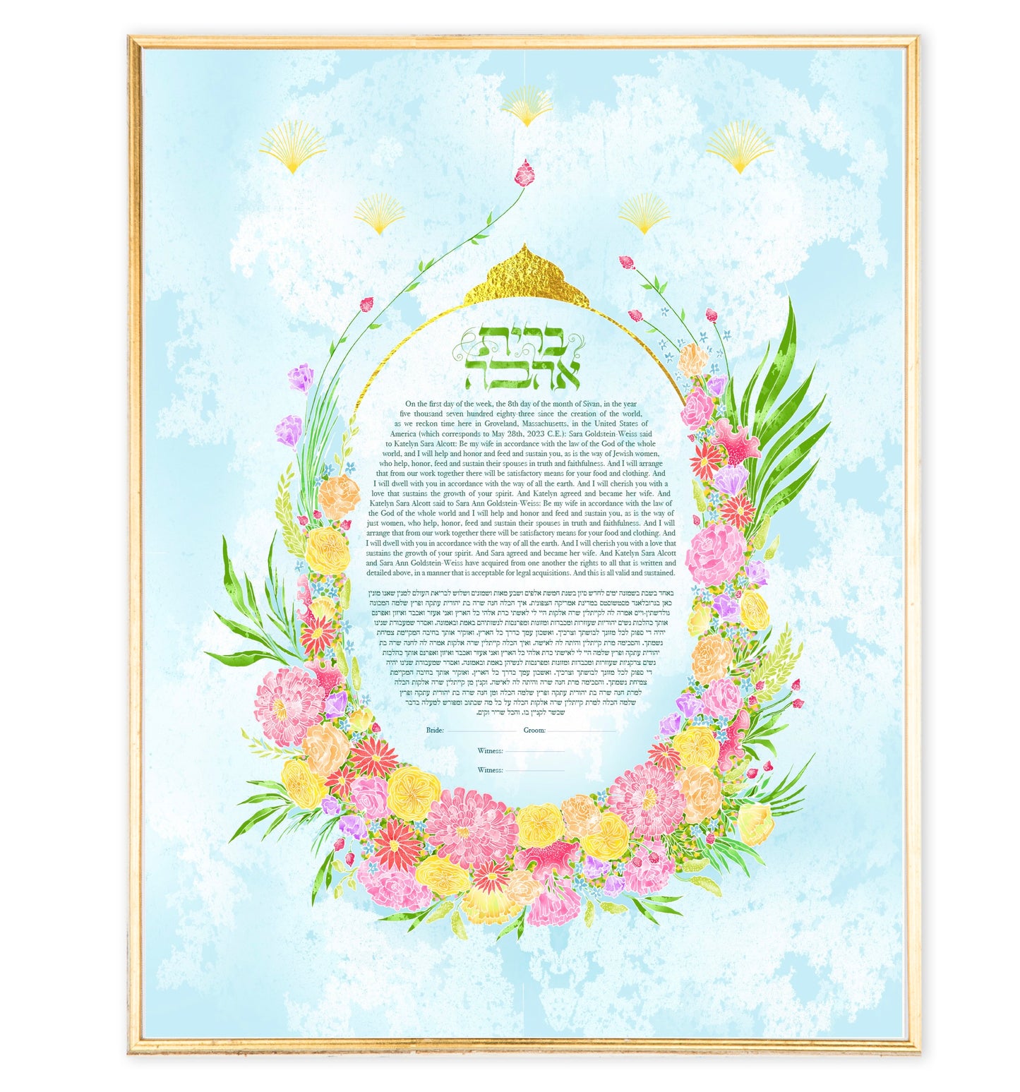 Bouquet Ketubah Art Design on Archival Paper with Customizable Text