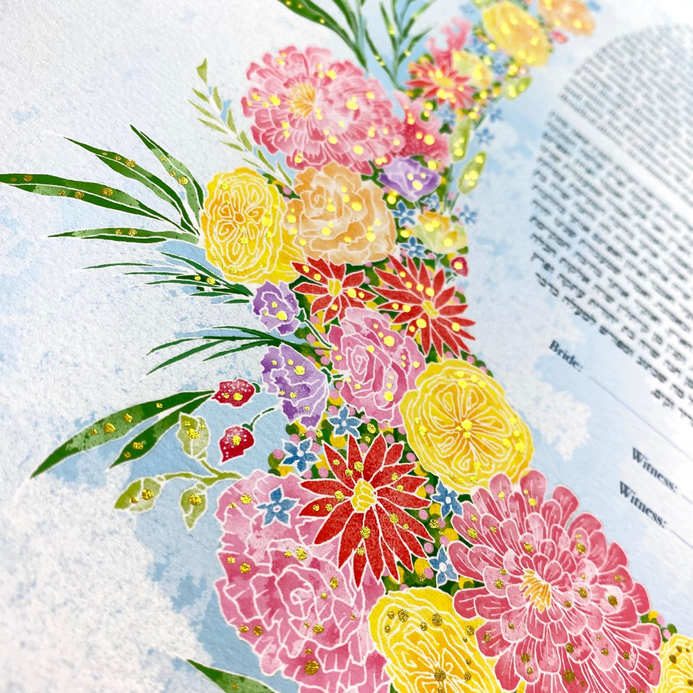 Bouquet Ketubah Art Design on Archival Paper with Customizable Text